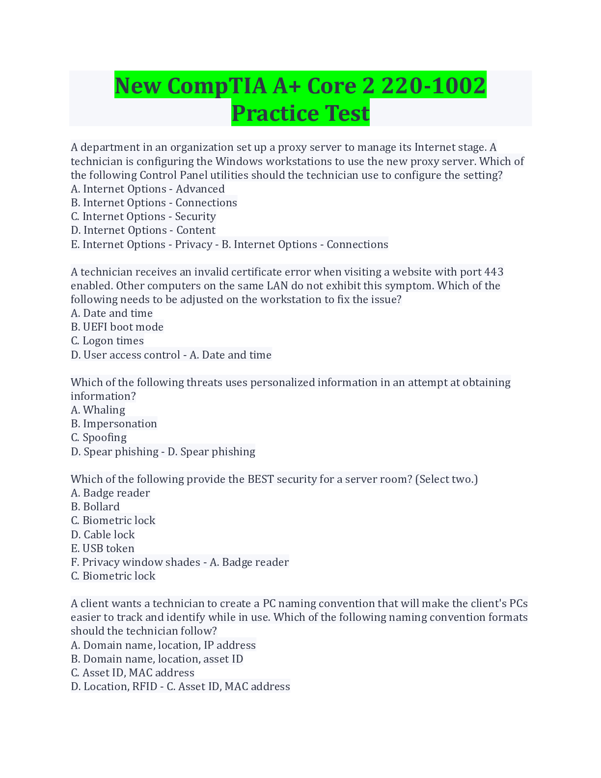 Preview image of New CompTIA A+ Core 2 220-1002 Practice Test Latest Update document